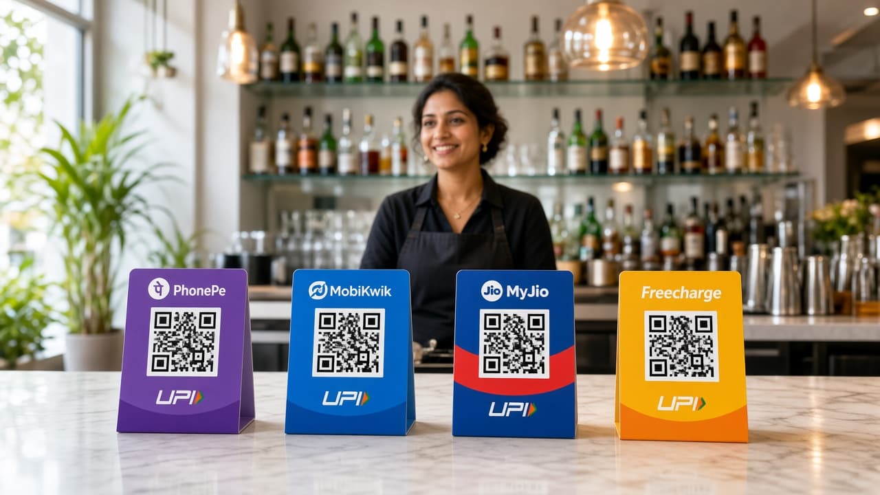 印度商户柜台摆放 PhonePe、MobiKwik 等收款码的经营收款场景
